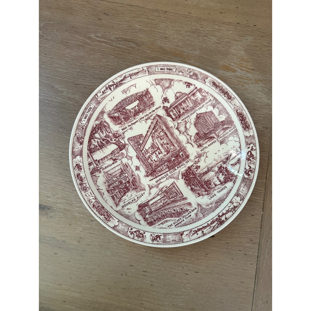 Vernon Kilns Reno Nevada Souvenir Plate Maroon Transferware‎ Biggest Little City
